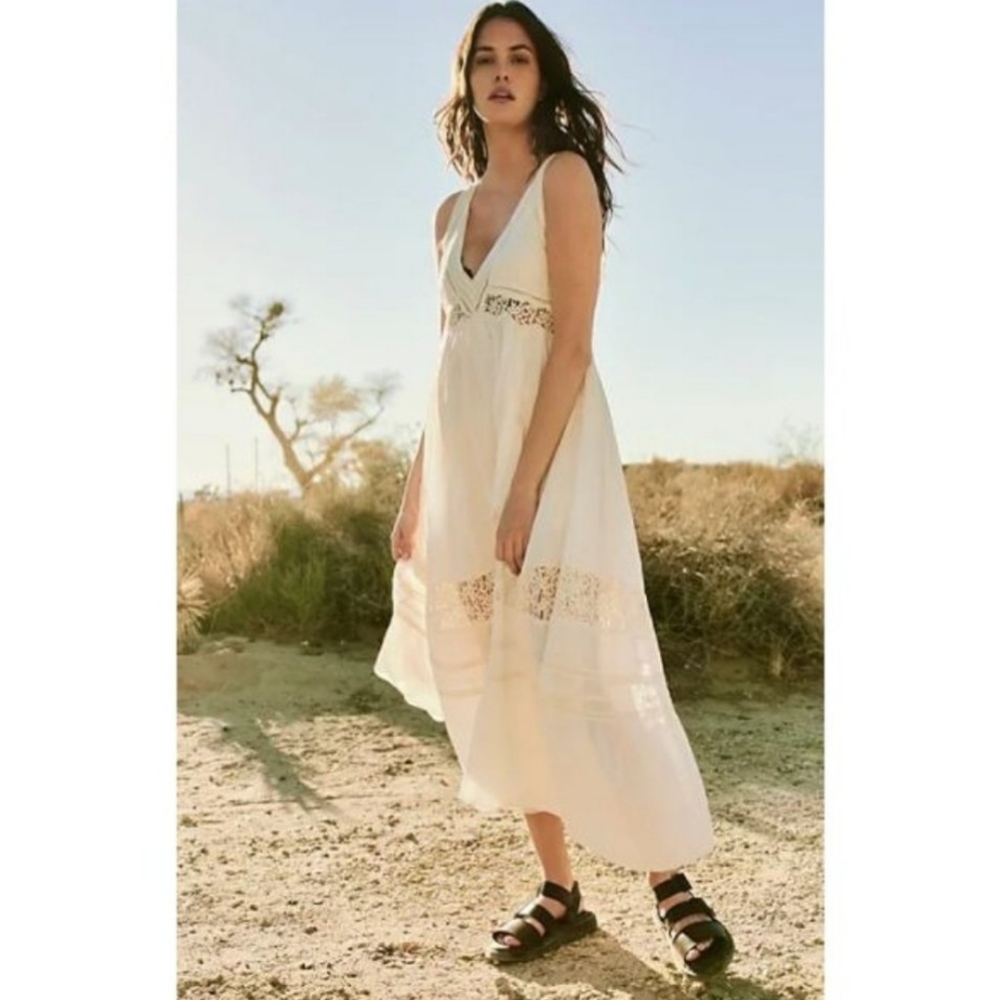 Free People Cream Maxi Sundress with Lace Insets